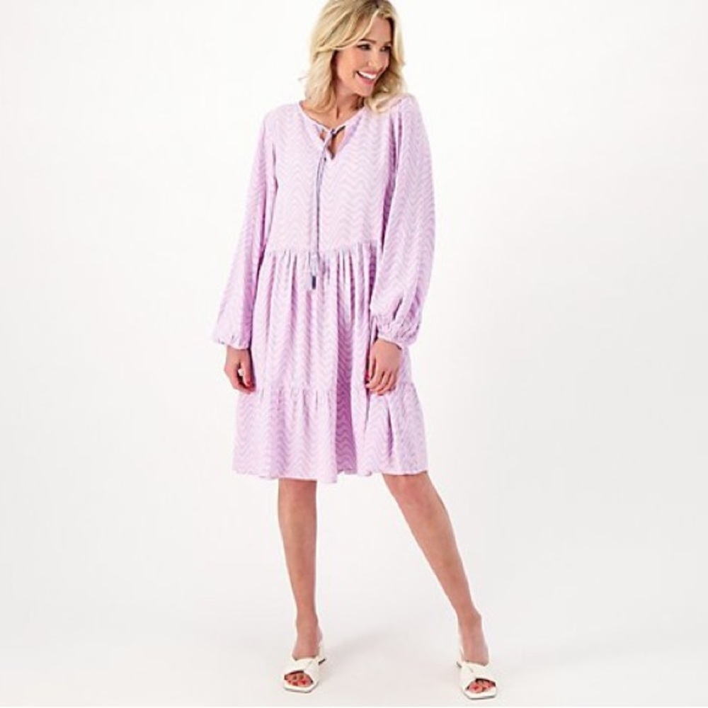Destination 365 Printed V-Neck Tiered Dress - Lilac (sz XX-Small) A607279